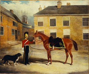 Oficer gwardii dragonów, karabińczycy ze swoim wierzchowcem na dziedzińcu stajni koszar, 1839 autorstwa John Frederick Herring Senior