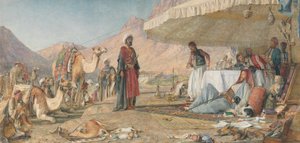 Frank Encampment na pustyni Góry Synaj. 1842 - Klasztor św. Katarzyny w oddali autorstwa John Frederick Lewis