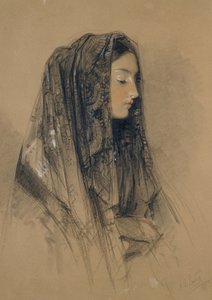 Głowa włoskiej dziewczyny w mantylii, 1838 (czerwono-czarna kreda i indyjski tusz z akwarelami i farbami do ciała na buff board) autorstwa John Frederick Lewis
