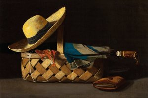 ""Koszyk targowy, kapelusz i parasol" (Koszyk targowy, kapelusz i parasol) Martwa natura - Obraz Johna Fredericka Peto (1854-1907) ok. 1890 r. Kolekcja prywatna