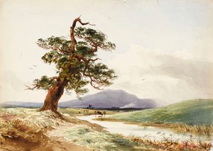 Widok na drzewo w pobliżu rzeki z pijącym bydłem i fioletowym wzgórzem za nim autorstwa John Frederick William Herschel
