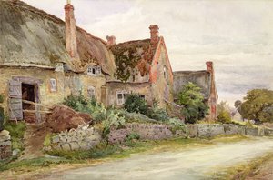 Domek kryty strzechą z przylegającą stodołą, 1881 (wc i grafit na papierze) autorstwa John Fulleylove
