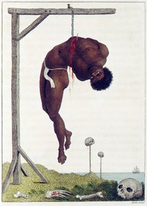 Czarna osoba powieszona żywcem za żebra do pubu Gallows. 1796.