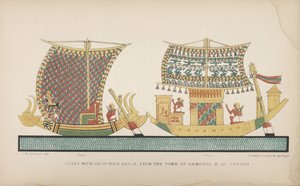 Łodzie z kolorowymi żaglami, z Grobowca Ramzesa III w Tebach, ilustracja z "Maniery i zwyczaje starożytnych Egipcjan...", 1837-41 autorstwa John Gardner Wilkinson