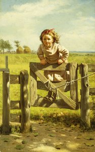 Młoda dziewczyna huśta się na bramie, autorstwa John George Brown