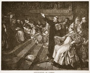 Zwołanie duchowieństwa, ilustracja z „Kościoła anglikańskiego: historia dla ludu” autorstwa H.D.M. Spence-Jones, wyd. ok. 1910 (zdjęcie w sepii) autorstwa John Gilbert