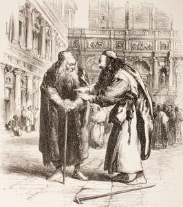Ilustracja do Kupca weneckiego, Shylock i Tubal spotykają się na ulicy, Akt III, Scena I, z „The Illustrated Library Shakespeare”, wydanej w Londynie 1890 autorstwa John Gilbert