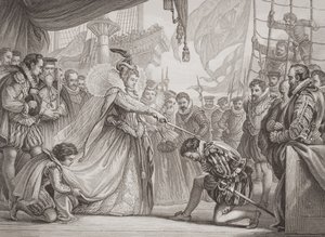 Królowa Elżbieta I (1530-1603) pasująca na rycerza Francisa Drake