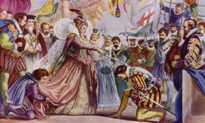 Królowa Elżbieta II pasująca na rycerza Sir Francisa Drake