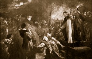 Przybycie kardynała Wolseya do opactwa Leicester, 1530, ilustracja z „Historii narodu brytyjskiego” Hutchinsona, ok.1920 autorstwa John Gilbert