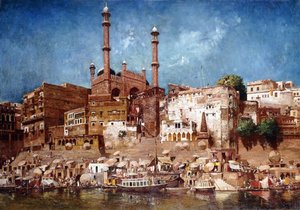 Widok na ghaty z meczetem Aurangzeba, Benares autorstwa John Gleich