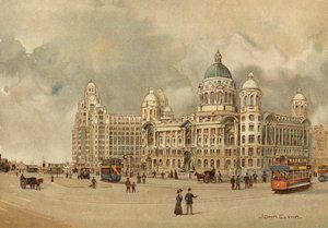 Liverpool: biura zarządu Mersey Docks and Harbor, The Liver Building, itp., Podejście do lądowania (kolor lito)