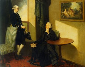 Podwójny portret wielebnego Johna Cocksa i Jamesa Cocksa, oba małe, pełnometrażowe, pierwszy w stroju duchownym siedzącym na niebiesko-białym krześle tapicerowanym, drugi w niebieskim płaszczu i kamizelce opartej o podobne krzesło, we wnętrzu, autorstwa John Hamilton Mortimer