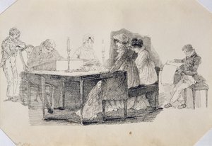 Wieczór w domu, 1804 (pióro i atrament na papierze) autorstwa John Harden