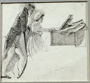 Przy fortepianie (tusz na papierze) autorstwa John Harden