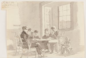 Chłopcy czytający w Storrs, Elterwater, 1814 (pióro i tusz, wash na papierze) autorstwa John Harden