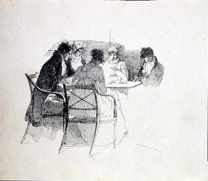 Grupa zebrana wokół stołu (pióro i atrament na papierze) autorstwa John Harden