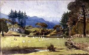 Langdale z północnego wybrzeża Windermere (akwarela na papierze) autorstwa John Harden
