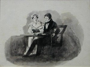 Kobieta i mężczyzna czytający (pióro i tusz na papierze) autorstwa John Harden