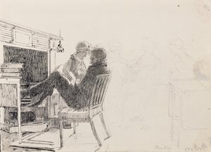 Mężczyzna czytający z nogami na palenisku (pióro i atrament na papierze) autorstwa John Harden
