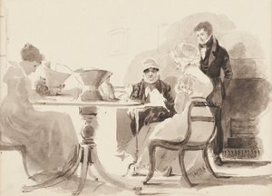 Mężczyzna stojący przy stole z trzema siedzącymi kobietami (wc na papierze) autorstwa John Harden