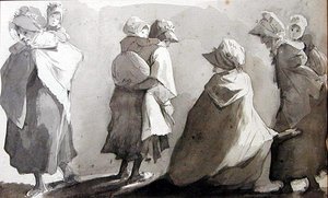 Matki niosące swoje dzieci (pióro i tusz do prania na papierze) autorstwa John Harden