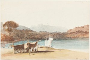 Piknik pod zadaszeniem nad jeziorem Windermere, 1822 (wc na papierze) autorstwa John Harden