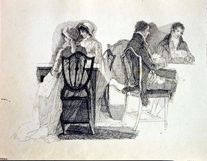 Dwie grupy we wnętrzu (tusz na papierze) autorstwa John Harden