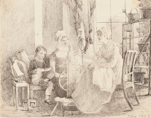 Kobiety przy kole przędzalniczym i chłopiec z zabawkową łódką, 1807
