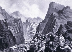 Zagłada armii greckiej, ilustracja z Hutchinsons History of the Nations VOL 4 c.1920s autorstwa John Harris Valda