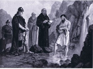Chrzest Borysa I, ilustracja z Historii Narodów Hutchinsonów TOM 4 ok. 1920 r. autorstwa John Harris Valda