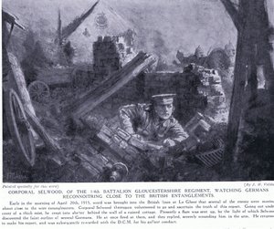 Kapral Selwood wygrał DCM za obserwowanie Niemców podczas zwiadu w pobliżu brytyjskich uwikłań w Le Gheer w kwietniu 1915 r. autorstwa John Harris Valda