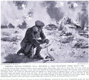 Kapral William Scothern RGA naprawiający telefon polowy pod ciężkim ostrzałem został nagrodzony DCM Ypres maj 1915 r. autorstwa John Harris Valda