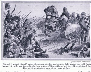 Edward II zebrał armię i stoczył bitwę pod Bannockburn 1314 AD, gdzie Bruce pokonał Anglików, ok. 1950 autorstwa John Harris Valda