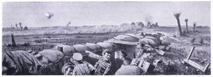 Atak gazowy na okopy 2. Pułku Fizylierów Lancashire, w którym szeregowy Lyn stracił życie, ale wygrał VC. Ypres kwiecień 1915 autorstwa John Harris Valda