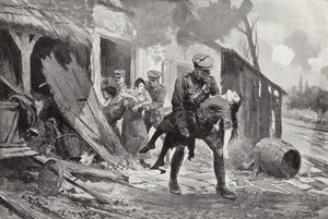 Strzelec J Rafferty niosący ranną kobietę w bezpieczne miejsce z domu na farmie, który był ostrzeliwany, I wojna światowa autorstwa John Harris Valda