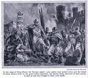 Za panowania króla Henryka II rozebrano blisko 1200 zamków, pozbawiając tym samym władzy baronów, ok. 1950 r. autorstwa John Harris Valda