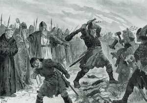 Król Olav Święty łamiący wizerunek Boga Mor autorstwa John Harris Valda