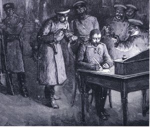 Książę Aleksander podpisujący swoją abdykację 1886, ilustracja z Hutchinsons History of the Nations TOM 4 c.1920s autorstwa John Harris Valda