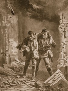Szeregowy A.E. Walker asystujący rannemu towarzyszowi z płonącego kościoła, który był używany jako szpital autorstwa John Harris Valda