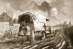 Szeregowy szeryf pomaga rannym mężczyznom wejść do karetki po tym, jak on sam został ranny autorstwa John Harris Valda
