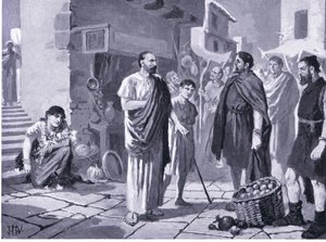 Rzymscy koloniści handlujący z rdzennymi Dakami, ilustracja z Historii Narodów Hutchinsona VOL 4 c.1920s autorstwa John Harris Valda