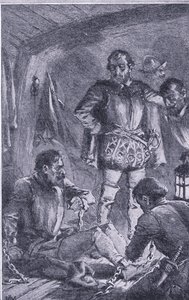 Santiago-wysłany do przodu w celu zbadania, zbiegł na brzeg i został rozbity, Newnes Pictorial Knowledge opublikowane przez Newnes, c. 1950 (lito) autorstwa John Harris Valda