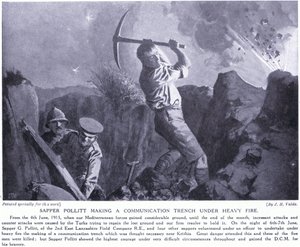 Sapper Pollitt wykonuje okop komunikacyjny pod ciężkim ostrzałem na półwyspie Gallipoli w czerwcu 1915 r. autorstwa John Harris Valda