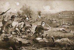 Sierżant B.C. Shea mobilizuje i dopinguje ludzi ze swojego pułku po tym, jak został ciężko ranny pod Rouges Bancs autorstwa John Harris Valda