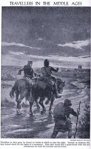 Podróżnicy w średniowieczu. Po zapadnięciu zmroku podróżni szukali świateł klasztoru, ok. 1950 r. autorstwa John Harris Valda