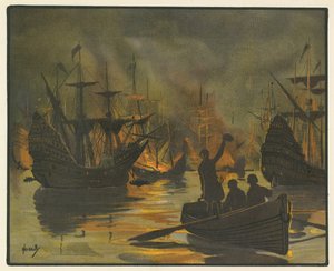 Niezwyciężona Armada zaatakowana przez statki ogniowe (kolor lito) autorstwa John Hassall