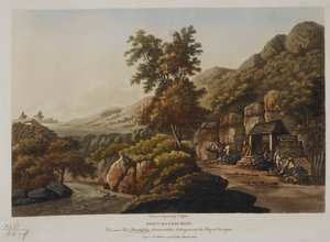 Szyb kopalni ołowiu. Widok w pobliżu Pont Aberglaslyn, Carnarvonshire, w kierunku zatoki Cardigan, opublikowany w 1798 (kolorowa rycina)