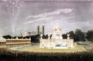 Pokaz sztucznych ogni w Green Park z okazji klęski Napoleona, grawerowany przez pub Matthew Dubourg. 1814 (grawerowanie)