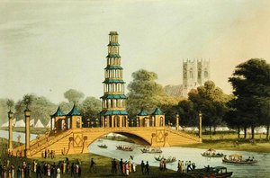 Chiński most i pagoda, wzniesione w parku dla upamiętnienia chwalebnego pokoju z 1814 roku, grawerowane przez Matthew Dubourga (fl.1785-20)